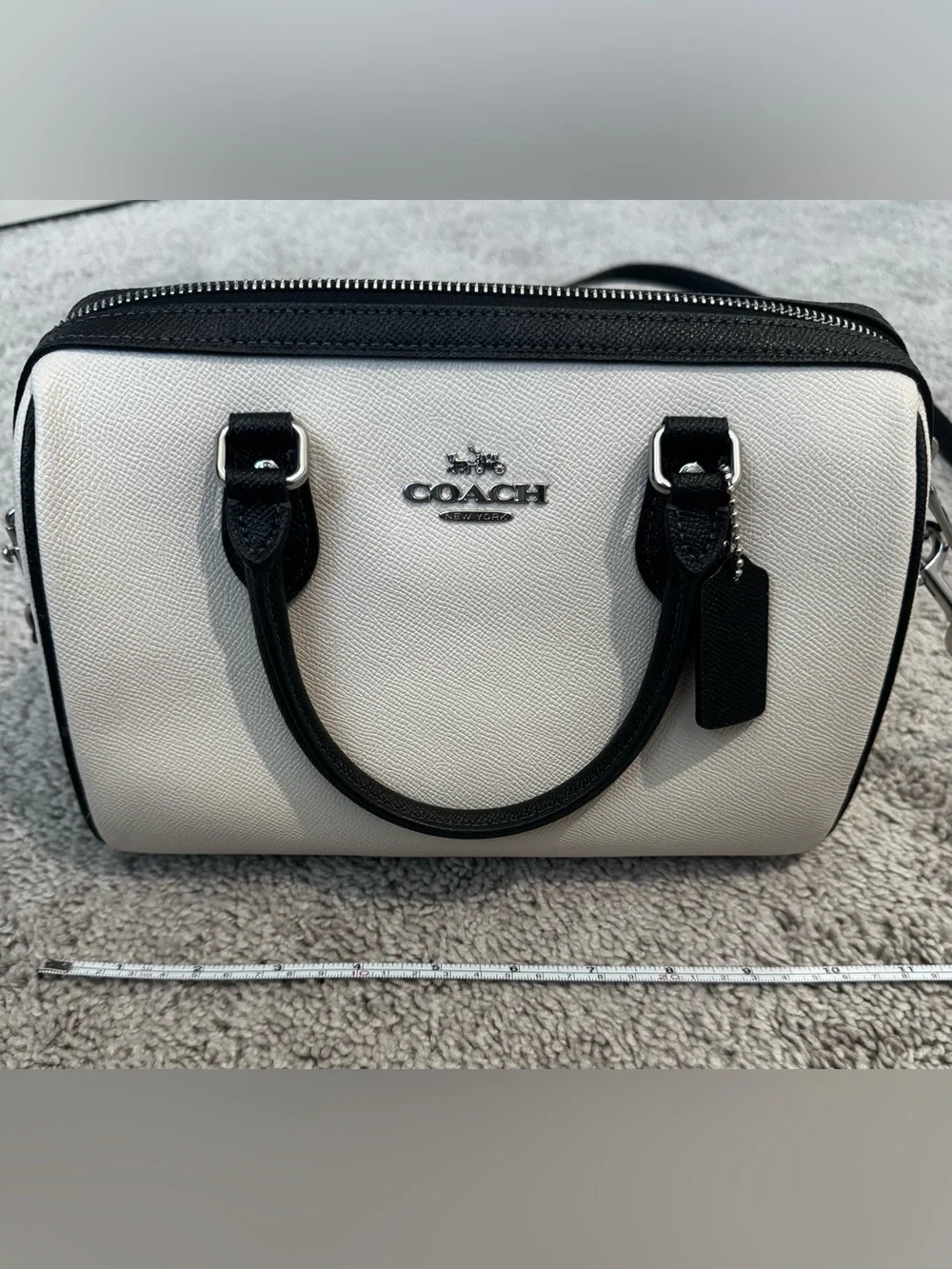 Coach White Pebbled Leather Satchel with Black Trim and Silver Hardware